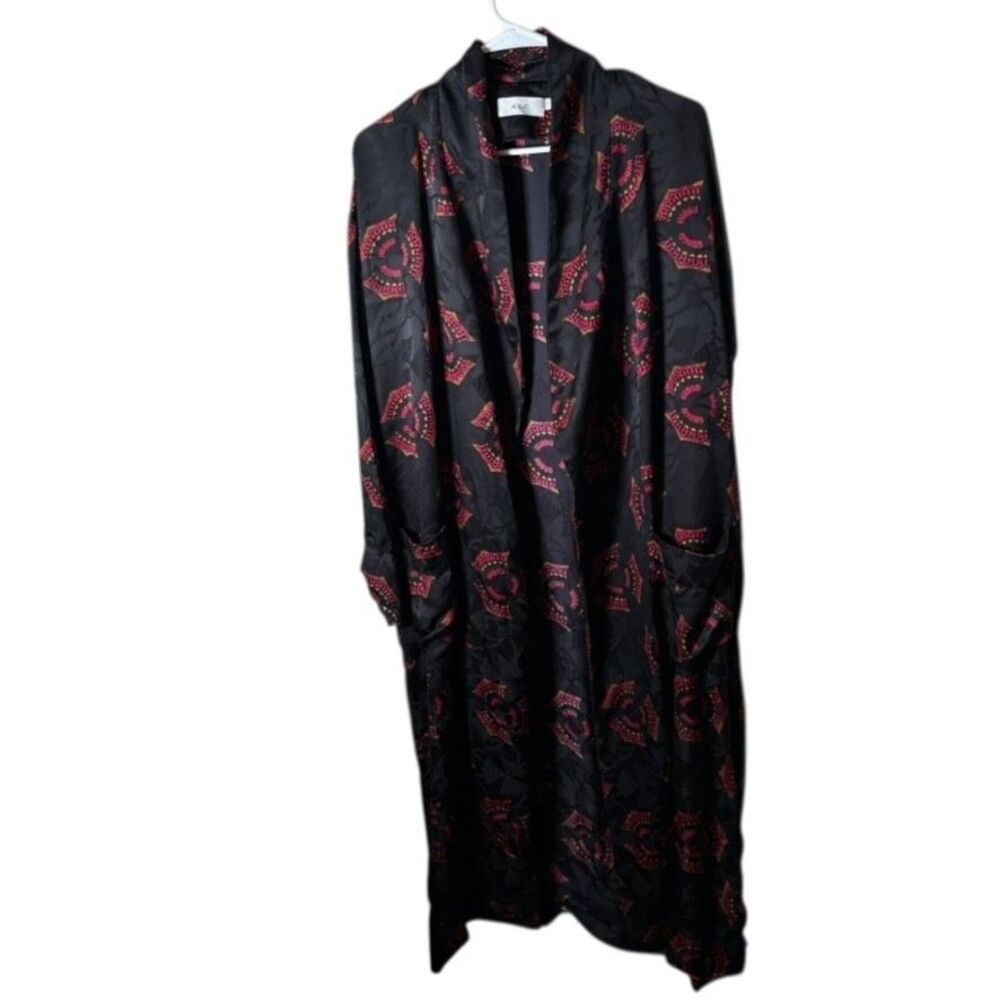 A.L.C. 100% Silk Robe Women's 8 Black Floral Long Floral Sleep Printed
